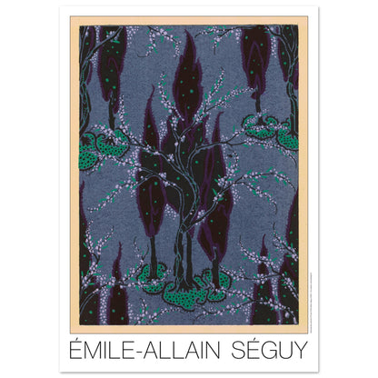 Cyprès nocturnes sur fond bleu - Samarkande, motifs orientaux par Émile-Allain Séguy (42x59,4 cm (A2)). Motifs de Samarkande par Émile-Allain Séguy : des cyprès sombres et des branches fleuries sur un fond bleu grisé.