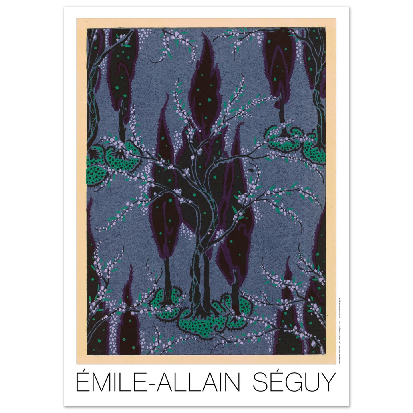 Cyprès nocturnes sur fond bleu - Samarkande, motifs orientaux par Émile-Allain Séguy (50x70 cm). Motifs de Samarkande par Émile-Allain Séguy : des cyprès sombres et des branches fleuries sur un fond bleu grisé.