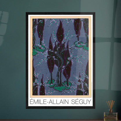 Cyprès nocturnes sur fond bleu - Samarkande, motifs orientaux par Émile-Allain Séguy. Motifs de Samarkande par Émile-Allain Séguy : des cyprès sombres et des branches fleuries sur un fond bleu grisé. Image d'illustration 7