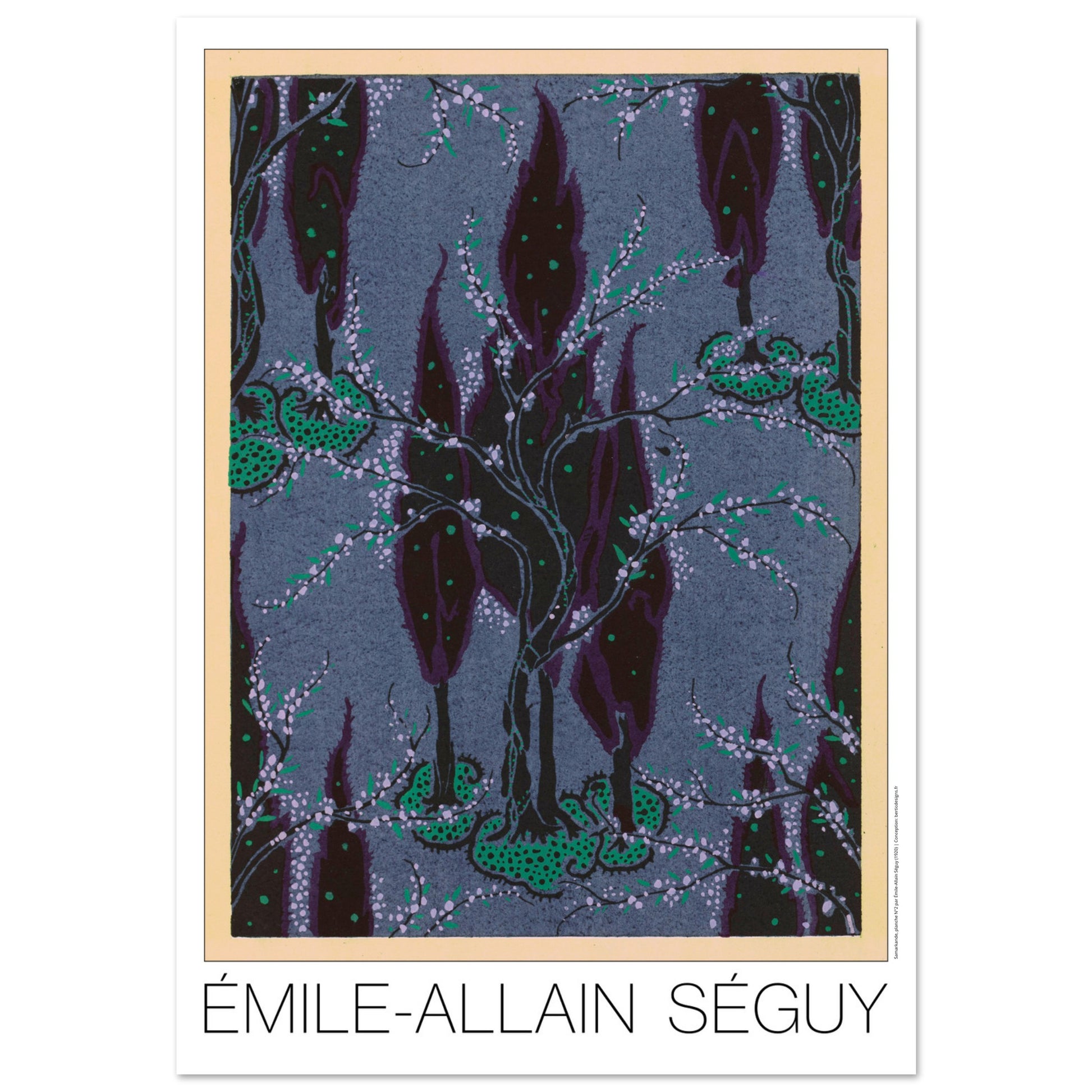 Cyprès nocturnes sur fond bleu - Samarkande, motifs orientaux par Émile-Allain Séguy (70x100 cm). Motifs de Samarkande par Émile-Allain Séguy : des cyprès sombres et des branches fleuries sur un fond bleu grisé.