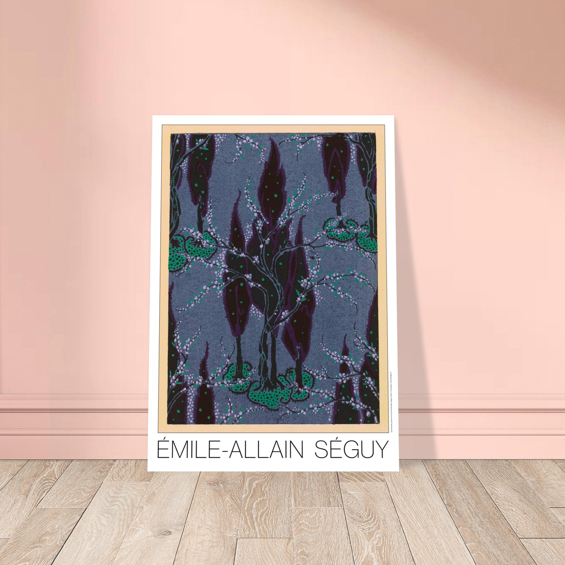 Cyprès nocturnes sur fond bleu - Samarkande, motifs orientaux par Émile-Allain Séguy. Motifs de Samarkande par Émile-Allain Séguy : des cyprès sombres et des branches fleuries sur un fond bleu grisé. Image d'illustration 8