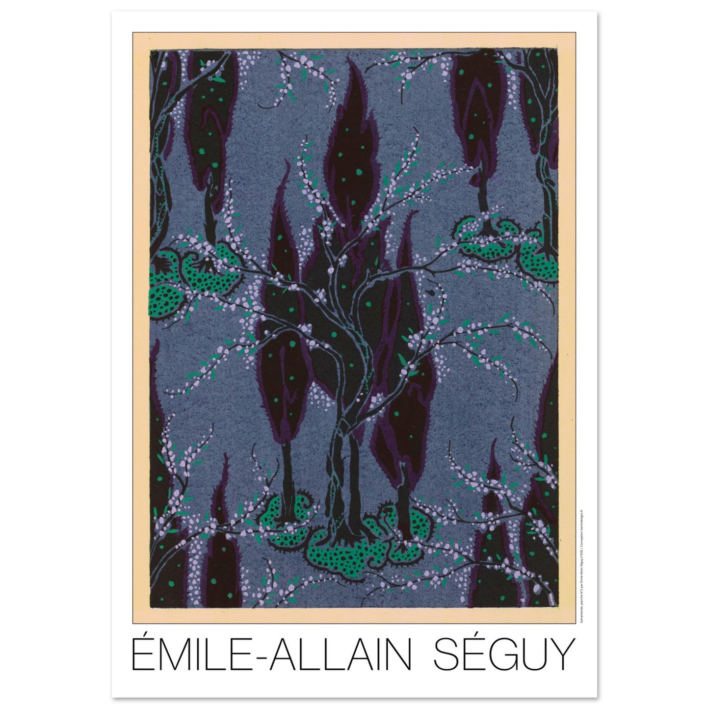 Cyprès nocturnes sur fond bleu - Samarkande, motifs orientaux par Émile-Allain Séguy (84,1x118,9 cm (A0)). Motifs de Samarkande par Émile-Allain Séguy : des cyprès sombres et des branches fleuries sur un fond bleu grisé.