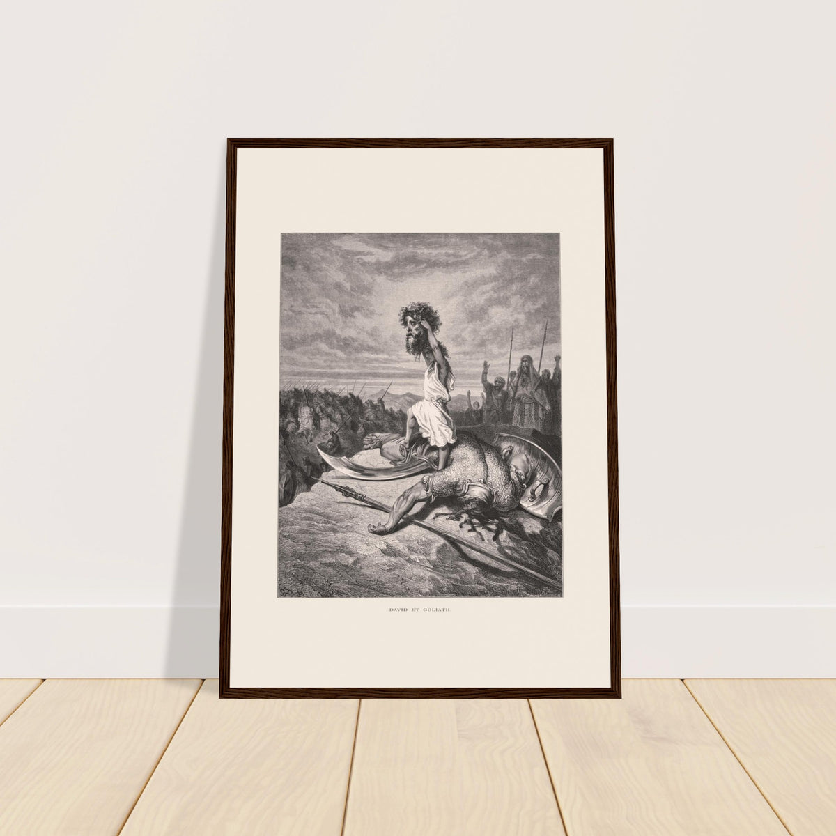 David und Goliat: antiker Stich von Gustave Doré (1866). Stich von Gustave Dore, der David darstellt, wie er auf Goliaths Körper steht und dessen Kopf hält.