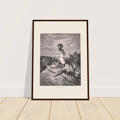 David und Goliat: antiker Stich von Gustave Doré (1866). Stich von Gustave Dore, der David darstellt, wie er auf Goliaths Körper steht und dessen Kopf hält.