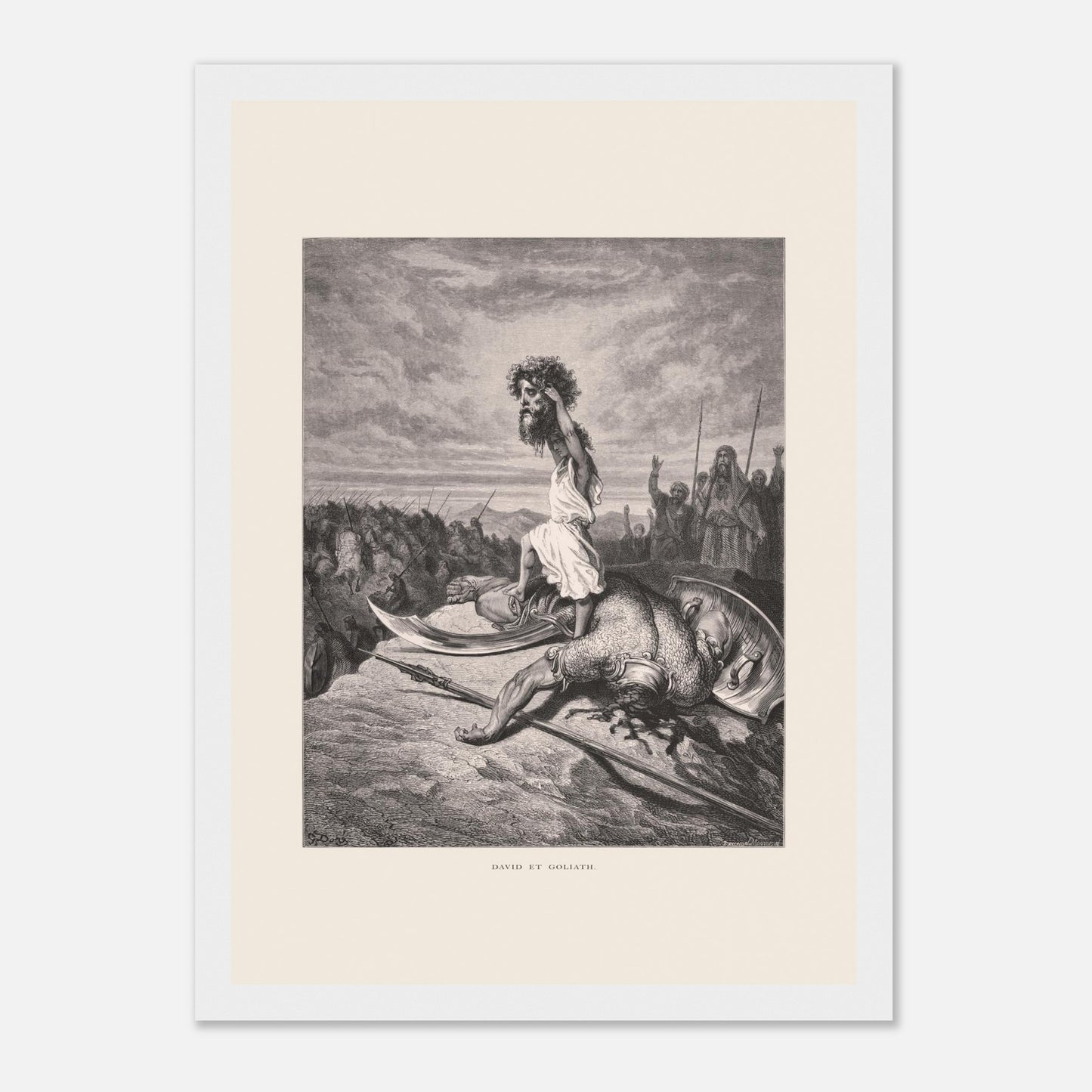 David et Goliath : gravure ancienne de Gustave Doré (1866) (21x29,7 cm (A4) / Cadre blanc). Gravure de Gustave Doré représentant David debout sur le corps de Goliath, tenant sa tête.