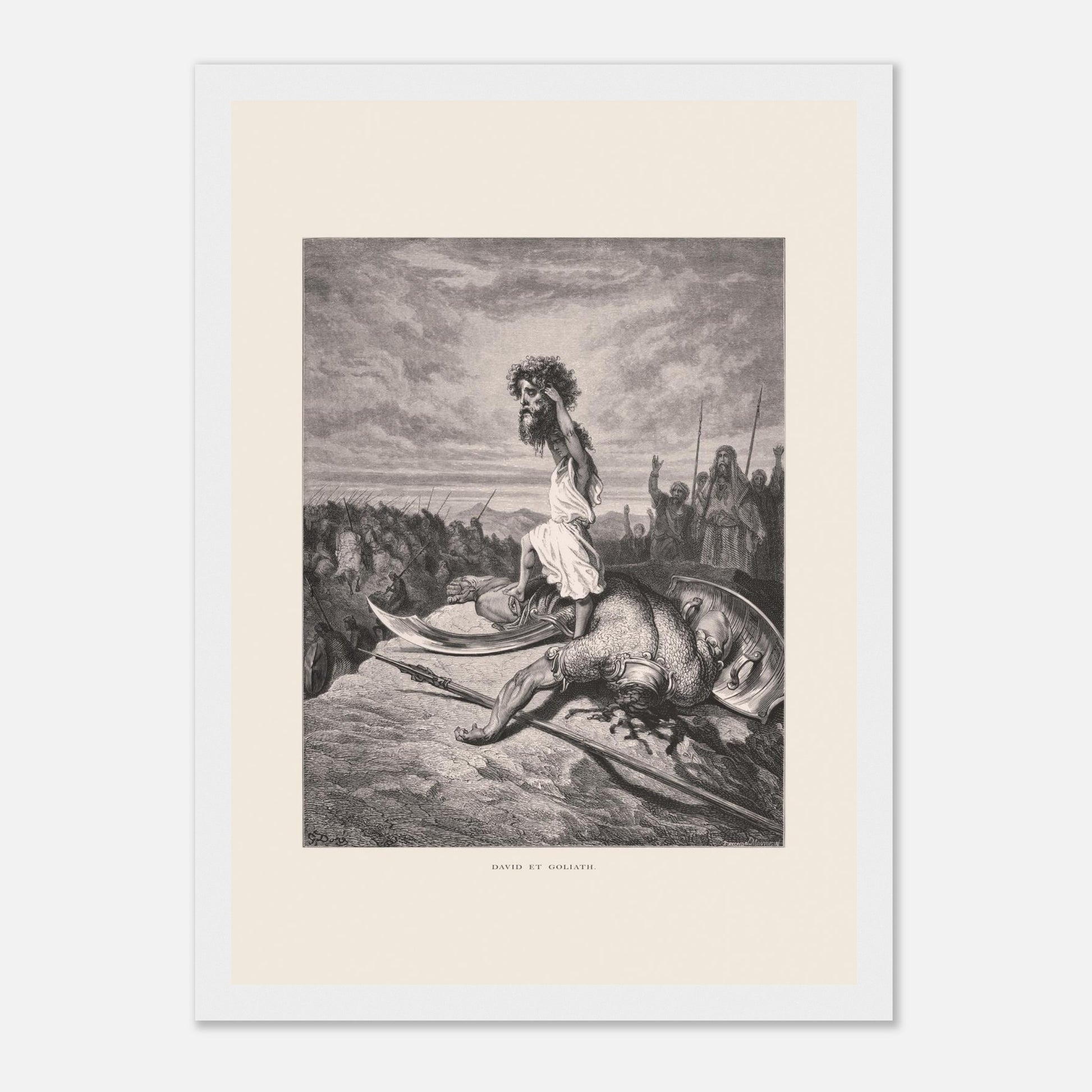 David et Goliath : gravure ancienne de Gustave Doré (1866) (21x29,7 cm (A4) / Cadre blanc). Gravure de Gustave Doré représentant David debout sur le corps de Goliath, tenant sa tête.