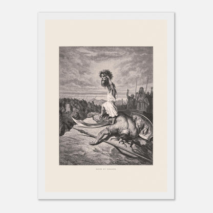 David et Goliath : gravure ancienne de Gustave Doré (1866) (21x29,7 cm (A4) / Cadre blanc). Gravure de Gustave Doré représentant David debout sur le corps de Goliath, tenant sa tête.