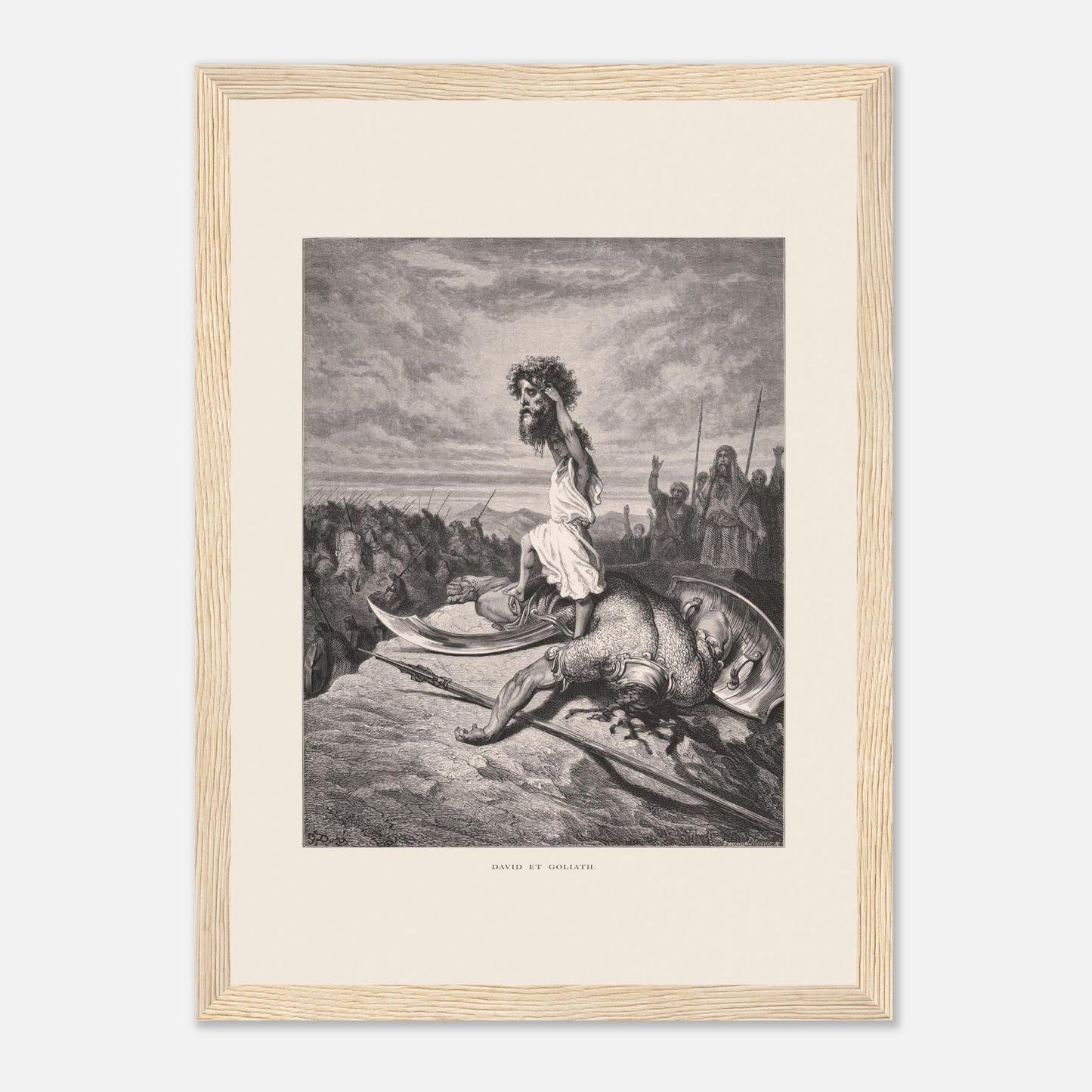 David et Goliath : gravure ancienne de Gustave Doré (1866) (21x29,7 cm (A4) / Cadre bois clair). Gravure de Gustave Doré représentant David debout sur le corps de Goliath, tenant sa tête.