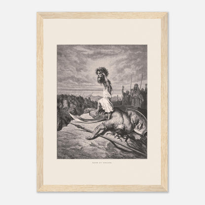 David et Goliath : gravure ancienne de Gustave Doré (1866) (21x29,7 cm (A4) / Cadre bois clair). Gravure de Gustave Doré représentant David debout sur le corps de Goliath, tenant sa tête.