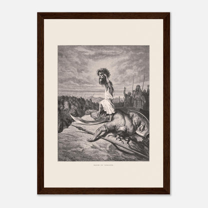 David et Goliath : gravure ancienne de Gustave Doré (1866) (21x29,7 cm (A4) / Cadre bois foncé). Gravure de Gustave Doré représentant David debout sur le corps de Goliath, tenant sa tête.