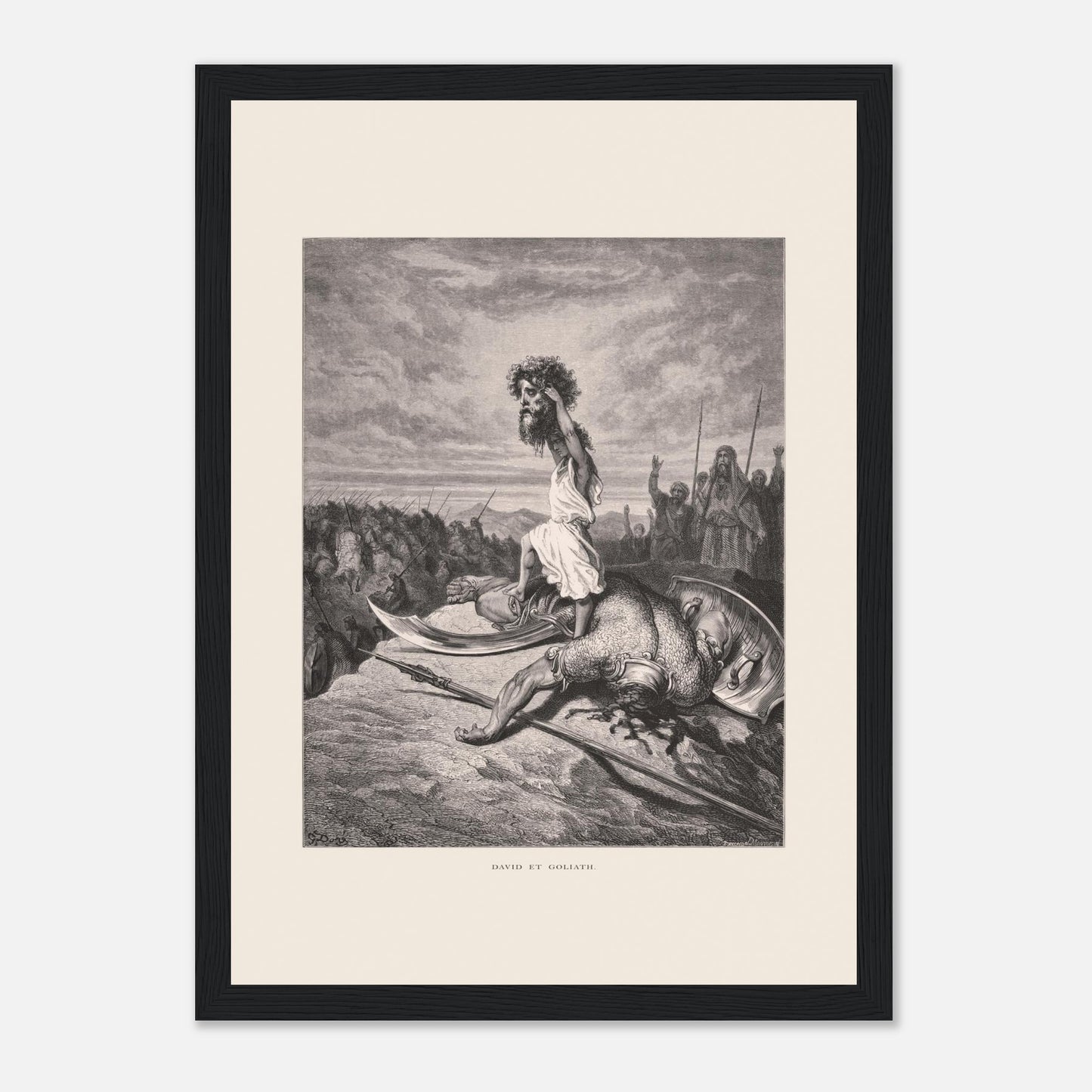 David et Goliath : gravure ancienne de Gustave Doré (1866) (21x29,7 cm (A4) / Cadre noir). Gravure de Gustave Doré représentant David debout sur le corps de Goliath, tenant sa tête.