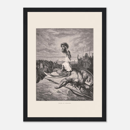 David et Goliath : gravure ancienne de Gustave Doré (1866) (21x29,7 cm (A4) / Cadre noir). Gravure de Gustave Doré représentant David debout sur le corps de Goliath, tenant sa tête.