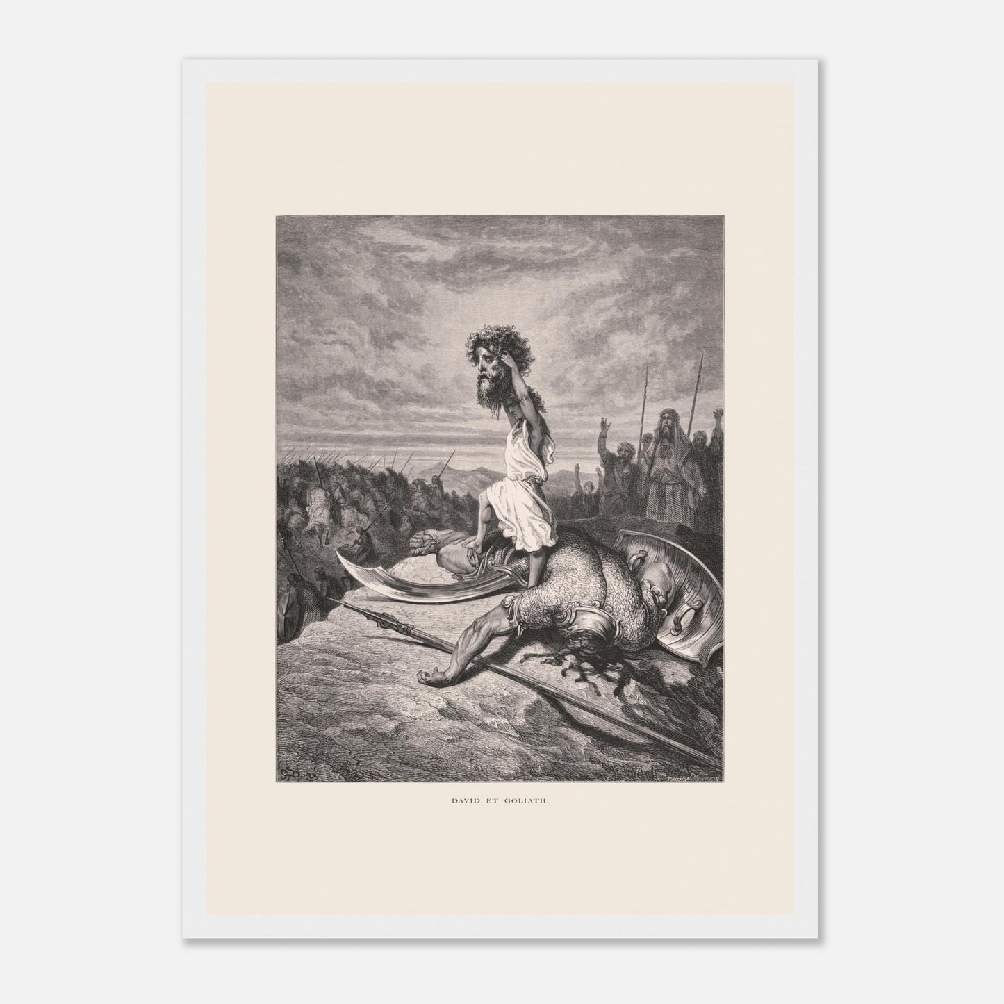 David et Goliath : gravure ancienne de Gustave Doré (1866) (29,7x42 cm (A3) / Cadre blanc). Gravure de Gustave Doré représentant David debout sur le corps de Goliath, tenant sa tête.