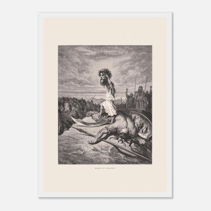 David et Goliath : gravure ancienne de Gustave Doré (1866) (29,7x42 cm (A3) / Cadre blanc). Gravure de Gustave Doré représentant David debout sur le corps de Goliath, tenant sa tête.