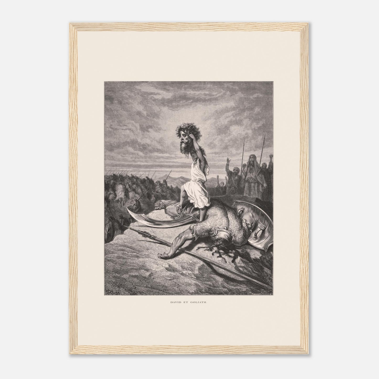 David et Goliath : gravure ancienne de Gustave Doré (1866) (29,7x42 cm (A3) / Cadre bois clair). Gravure de Gustave Doré représentant David debout sur le corps de Goliath, tenant sa tête.