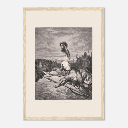 David et Goliath : gravure ancienne de Gustave Doré (1866) (29,7x42 cm (A3) / Cadre bois clair). Gravure de Gustave Doré représentant David debout sur le corps de Goliath, tenant sa tête.