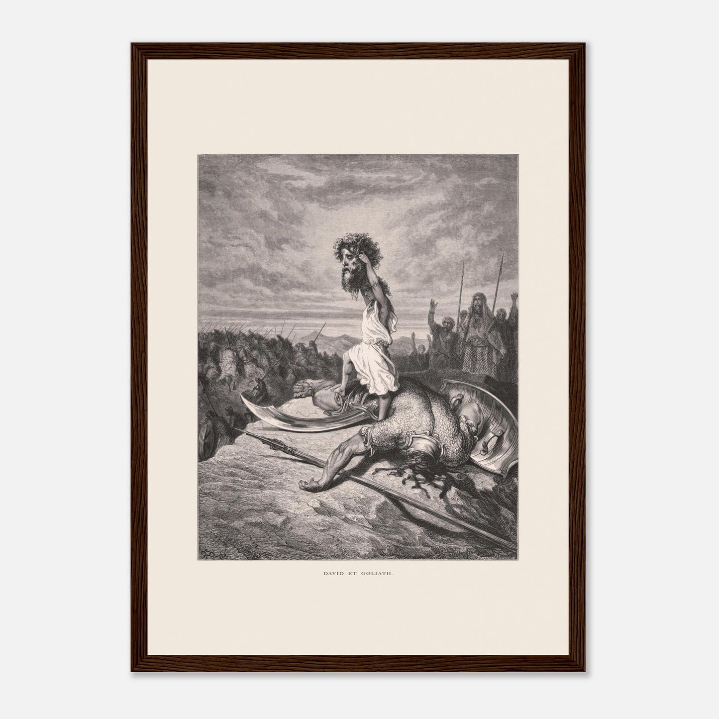David et Goliath : gravure ancienne de Gustave Doré (1866) (29,7x42 cm (A3) / Cadre bois foncé). Gravure de Gustave Doré représentant David debout sur le corps de Goliath, tenant sa tête.