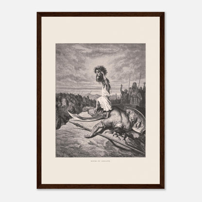 David et Goliath : gravure ancienne de Gustave Doré (1866) (29,7x42 cm (A3) / Cadre bois foncé). Gravure de Gustave Doré représentant David debout sur le corps de Goliath, tenant sa tête.