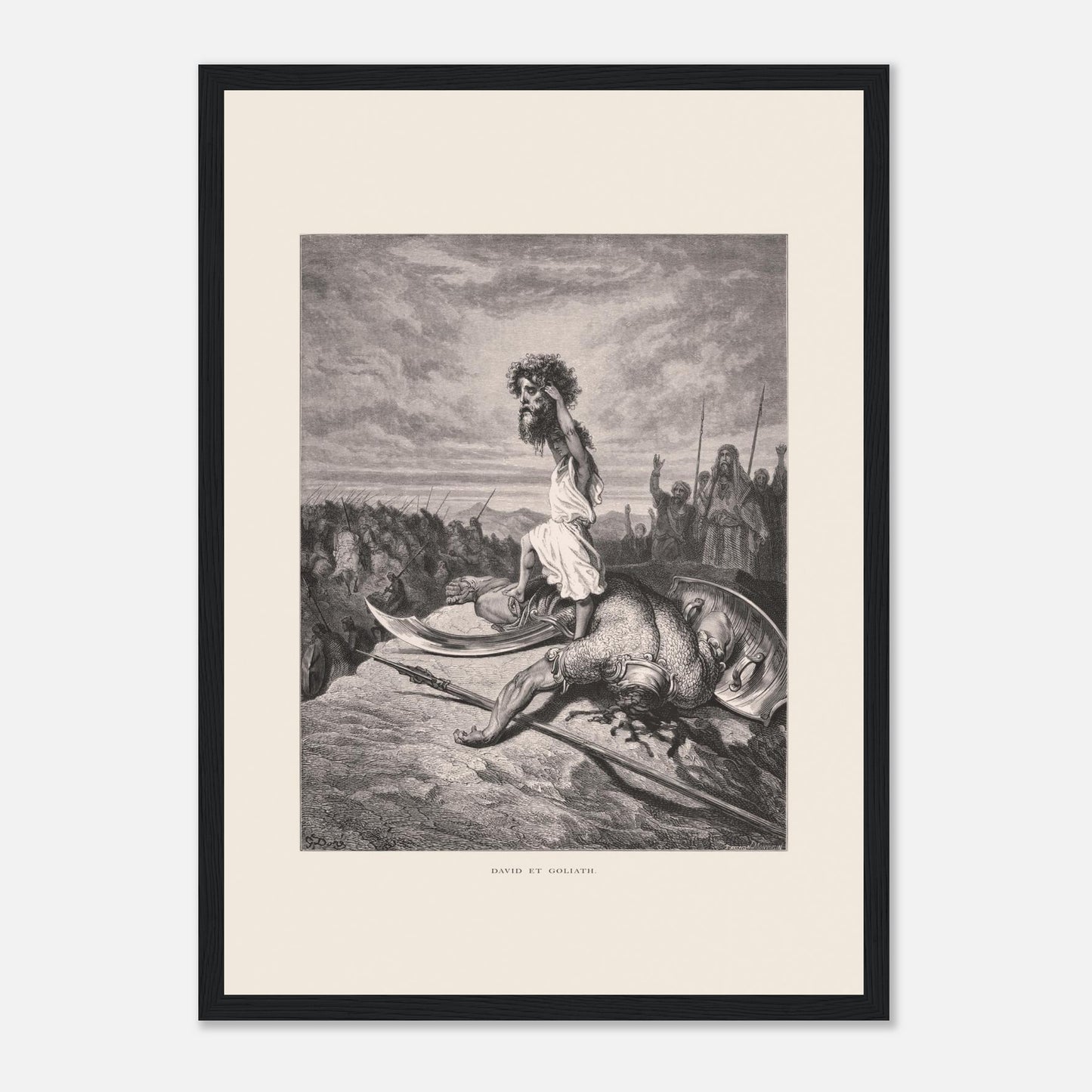 David et Goliath : gravure ancienne de Gustave Doré (1866) (29,7x42 cm (A3) / Cadre noir). Gravure de Gustave Doré représentant David debout sur le corps de Goliath, tenant sa tête.