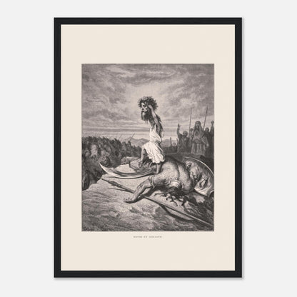 David et Goliath : gravure ancienne de Gustave Doré (1866) (29,7x42 cm (A3) / Cadre noir). Gravure de Gustave Doré représentant David debout sur le corps de Goliath, tenant sa tête.