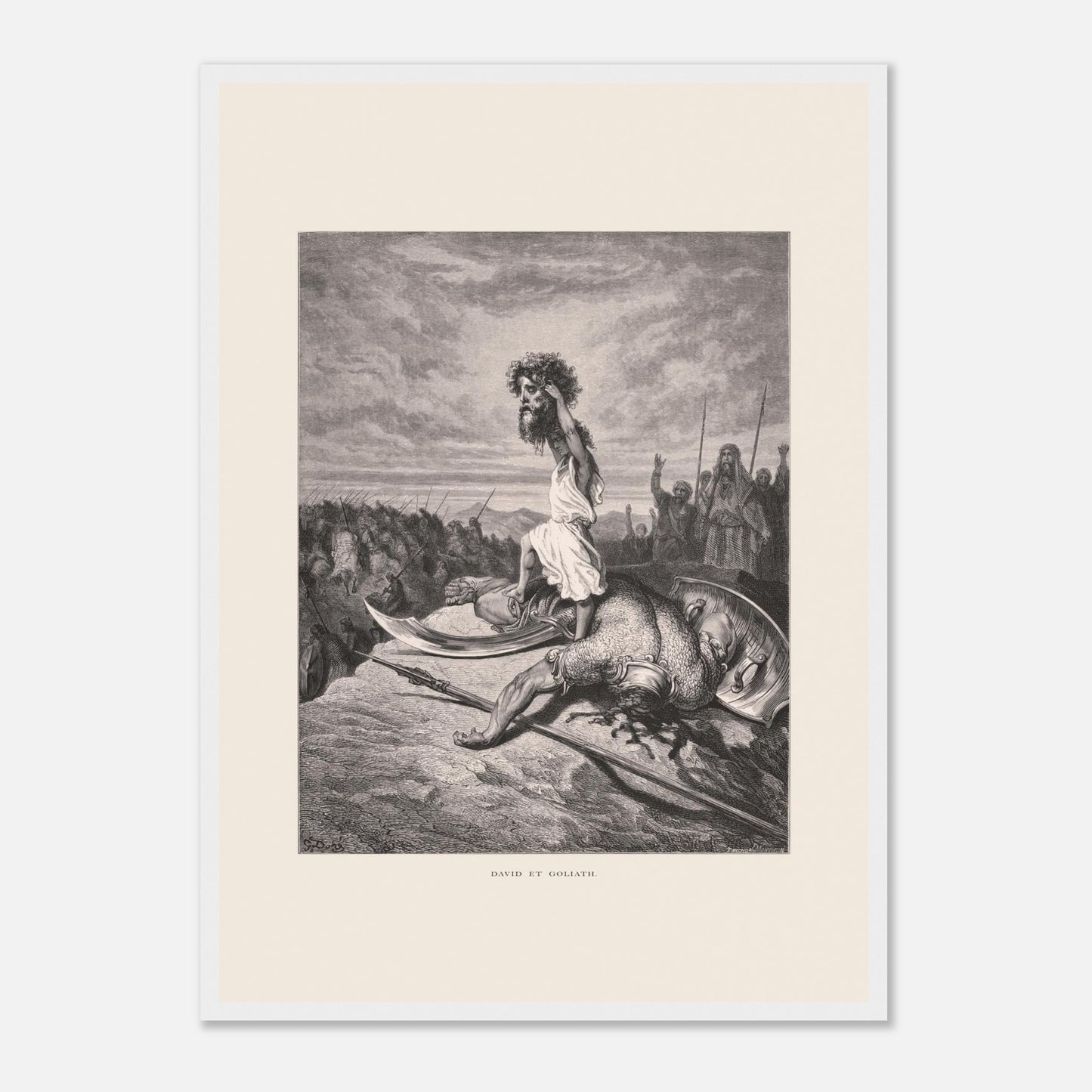 David et Goliath : gravure ancienne de Gustave Doré (1866) (42x59,4 cm (A2) / Cadre blanc). Gravure de Gustave Doré représentant David debout sur le corps de Goliath, tenant sa tête.