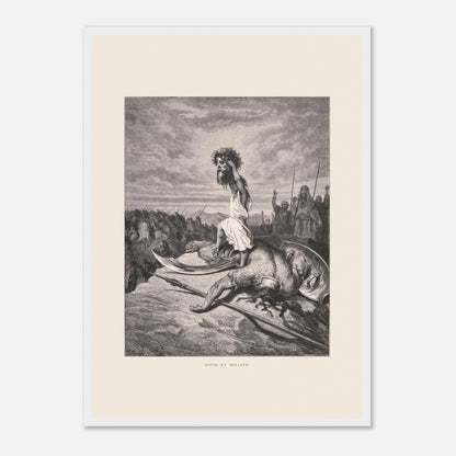 David et Goliath : gravure ancienne de Gustave Doré (1866) (42x59,4 cm (A2) / Cadre blanc). Gravure de Gustave Doré représentant David debout sur le corps de Goliath, tenant sa tête.