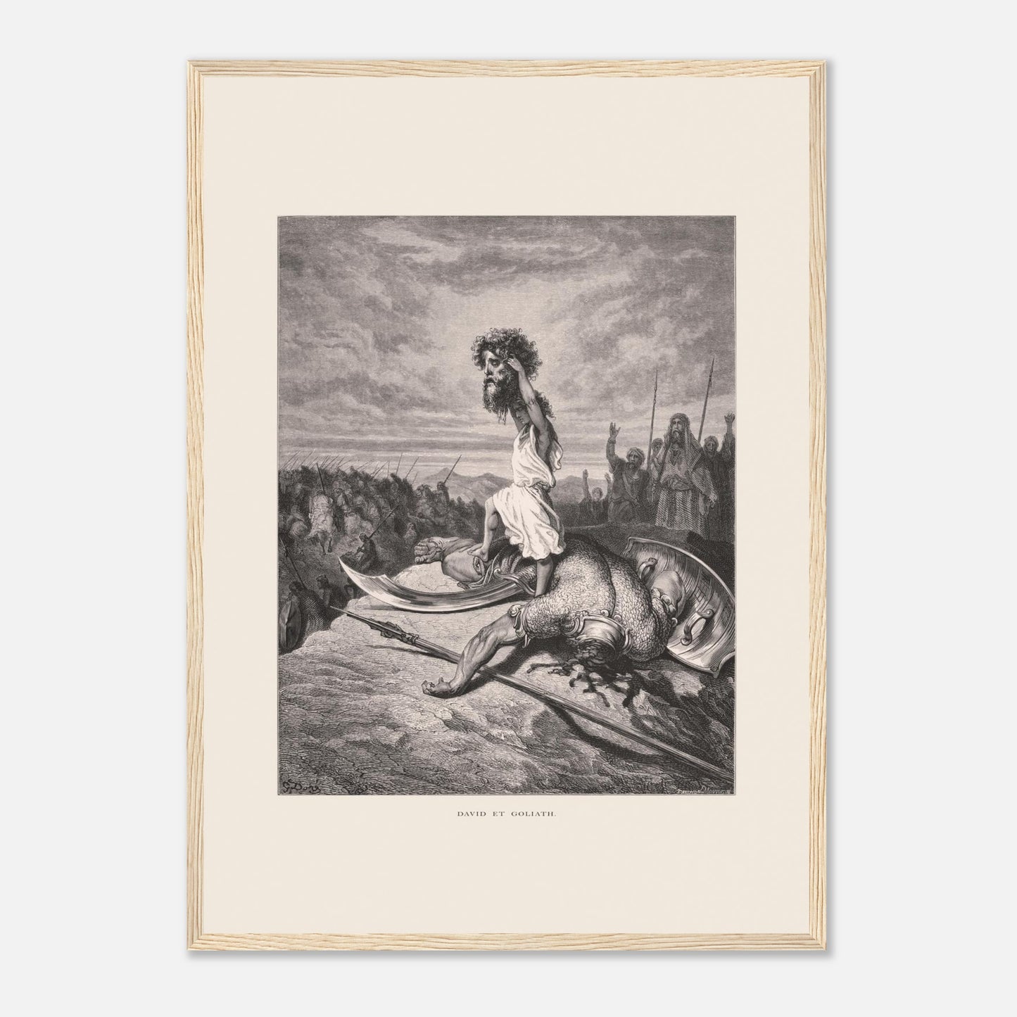 David et Goliath : gravure ancienne de Gustave Doré (1866) (42x59,4 cm (A2) / Cadre bois clair). Gravure de Gustave Doré représentant David debout sur le corps de Goliath, tenant sa tête.