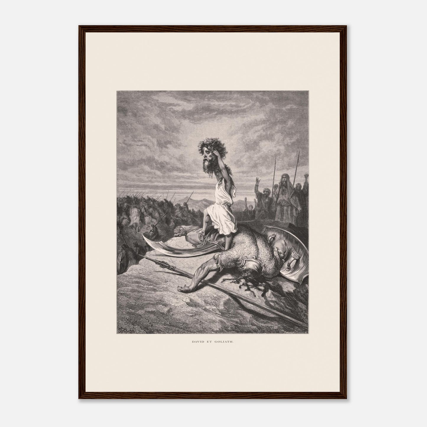 David et Goliath : gravure ancienne de Gustave Doré (1866) (42x59,4 cm (A2) / Cadre bois foncé). Gravure de Gustave Doré représentant David debout sur le corps de Goliath, tenant sa tête.