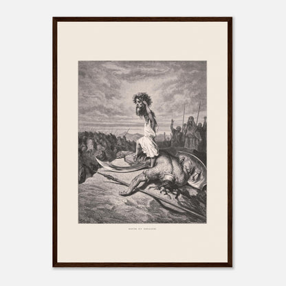 David et Goliath : gravure ancienne de Gustave Doré (1866) (42x59,4 cm (A2) / Cadre bois foncé). Gravure de Gustave Doré représentant David debout sur le corps de Goliath, tenant sa tête.
