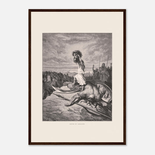 David et Goliath : gravure ancienne de Gustave Doré (1866) (42x59,4 cm (A2) / Cadre bois foncé). Gravure de Gustave Doré représentant David debout sur le corps de Goliath, tenant sa tête.