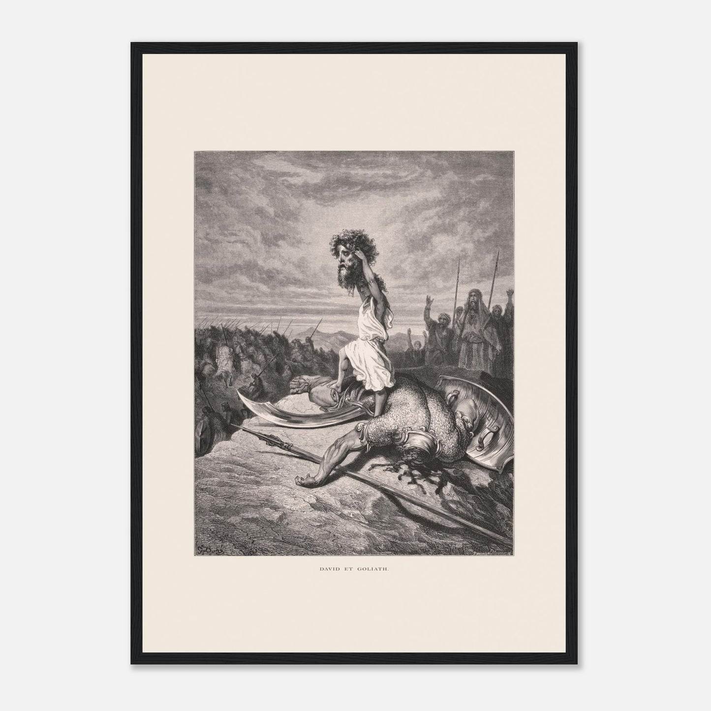 David et Goliath : gravure ancienne de Gustave Doré (1866) (42x59,4 cm (A2) / Cadre noir). Gravure de Gustave Doré représentant David debout sur le corps de Goliath, tenant sa tête.