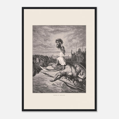 David et Goliath : gravure ancienne de Gustave Doré (1866) (42x59,4 cm (A2) / Cadre noir). Gravure de Gustave Doré représentant David debout sur le corps de Goliath, tenant sa tête.