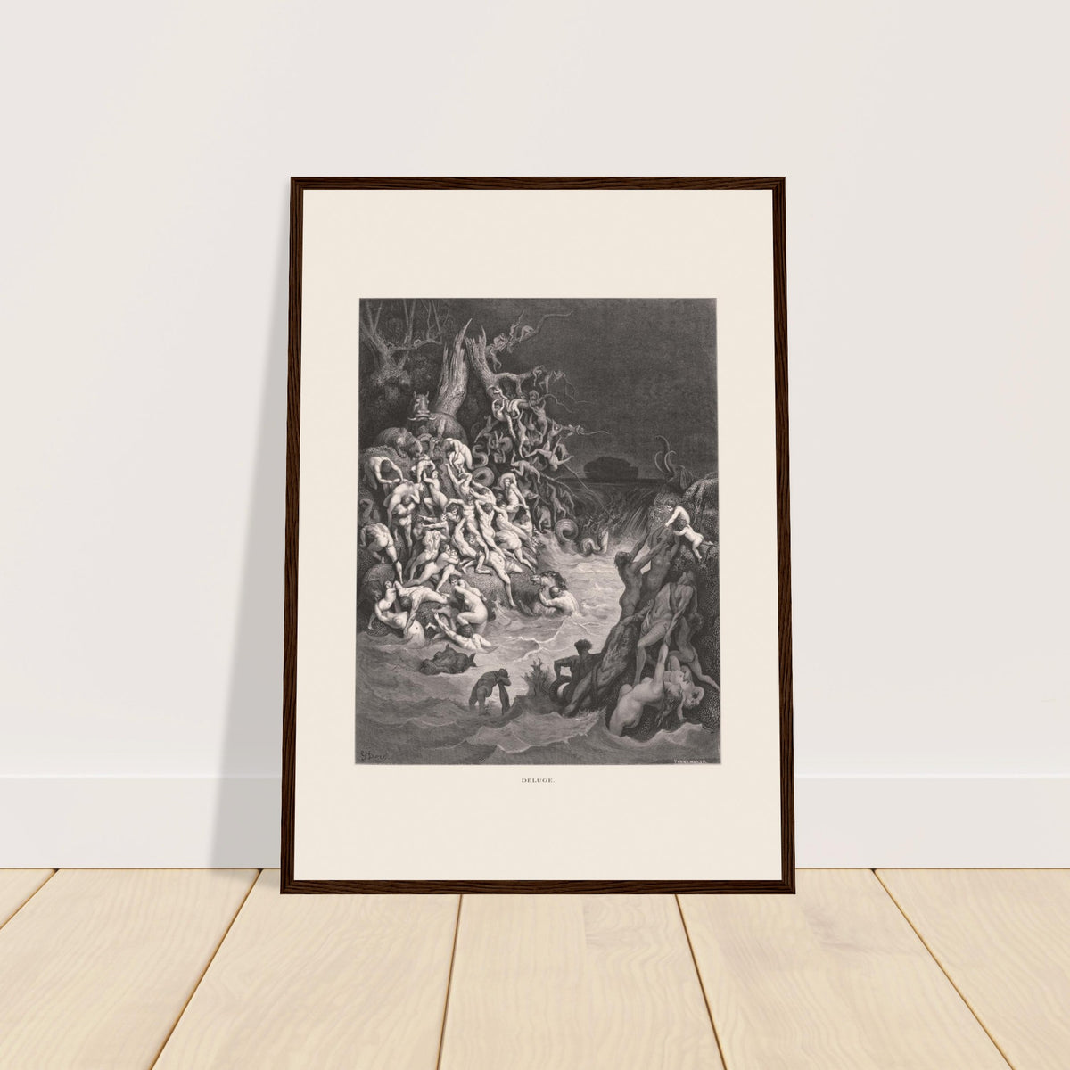 Le Déluge universel, planche gravée de Gustave Doré. Gravure de Gustave Doré illustrant le déluge biblique, avec une multitude de figures humaines se noyant dans des eaux tumultueuses et un paysage sombre.