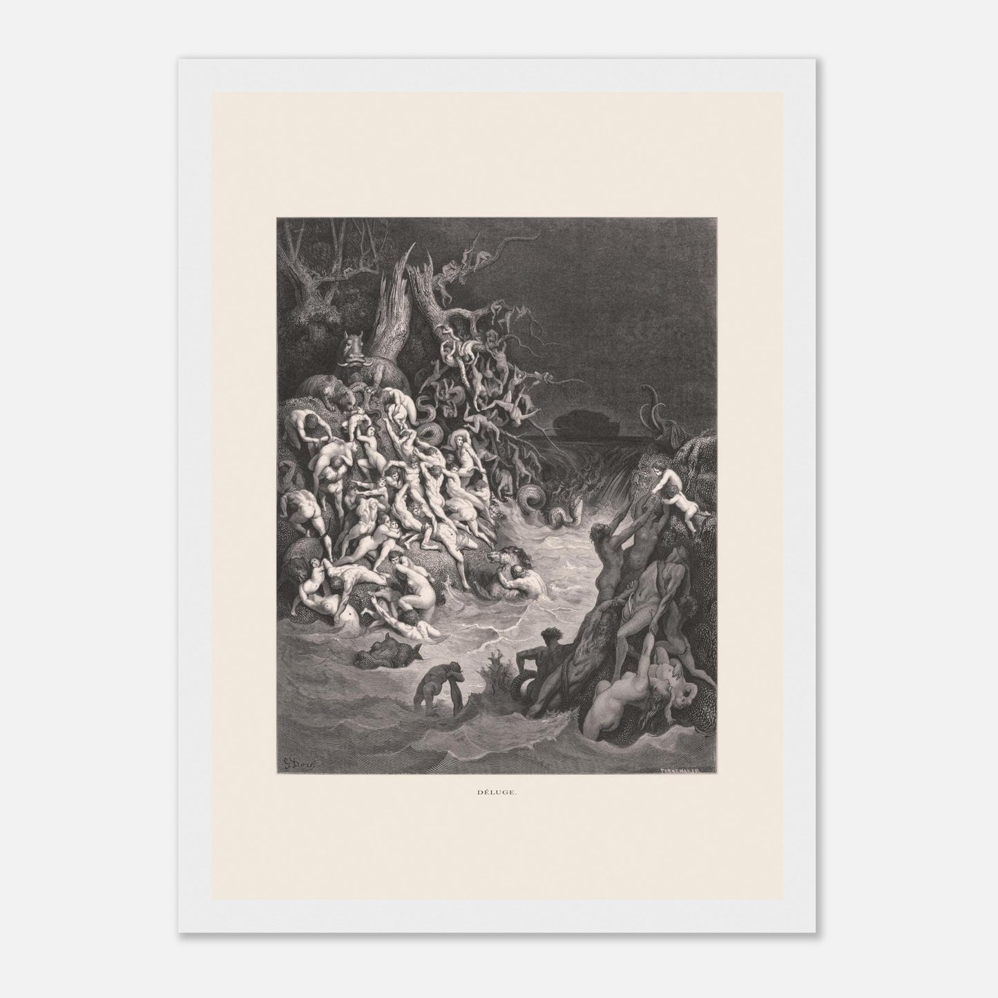 Le Déluge universel, planche gravée de Gustave Doré (21x29,7 cm (A4) / Cadre blanc). Gravure de Gustave Doré illustrant le déluge biblique, avec une multitude de figures humaines se noyant dans des eaux tumultueuses et un paysage sombre.