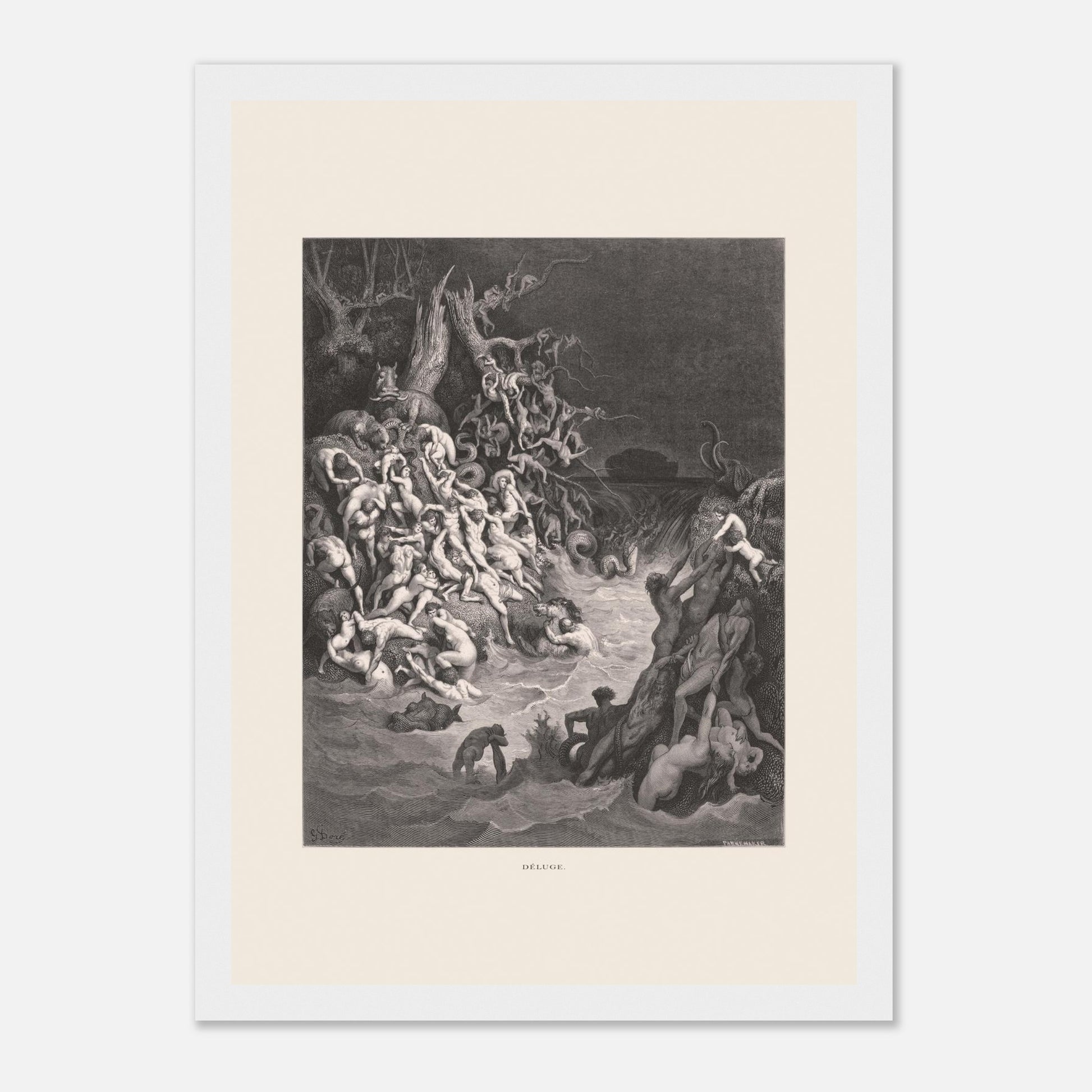 Le Déluge universel, planche gravée de Gustave Doré (21x29,7 cm (A4) / Cadre blanc). Gravure de Gustave Doré illustrant le déluge biblique, avec une multitude de figures humaines se noyant dans des eaux tumultueuses et un paysage sombre.