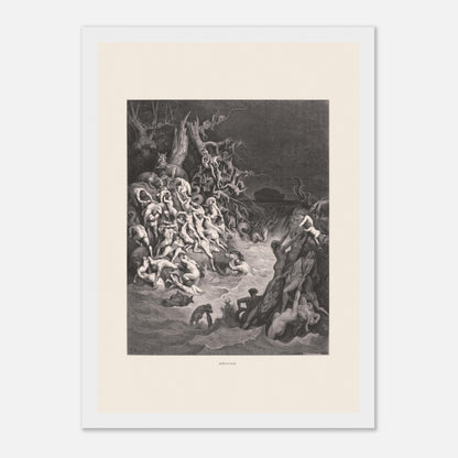 Le Déluge universel, planche gravée de Gustave Doré (21x29,7 cm (A4) / Cadre blanc). Gravure de Gustave Doré illustrant le déluge biblique, avec une multitude de figures humaines se noyant dans des eaux tumultueuses et un paysage sombre.