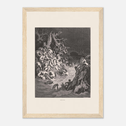 Le Déluge universel, planche gravée de Gustave Doré (21x29,7 cm (A4) / Cadre bois clair). Gravure de Gustave Doré illustrant le déluge biblique, avec une multitude de figures humaines se noyant dans des eaux tumultueuses et un paysage sombre.
