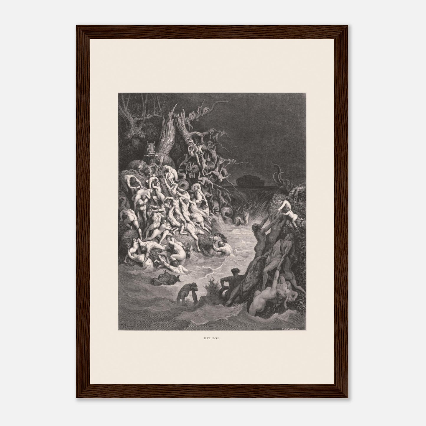 Le Déluge universel, planche gravée de Gustave Doré (21x29,7 cm (A4) / Cadre bois foncé). Gravure de Gustave Doré illustrant le déluge biblique, avec une multitude de figures humaines se noyant dans des eaux tumultueuses et un paysage sombre.