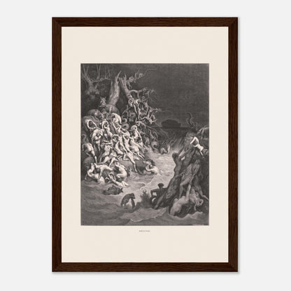 Le Déluge universel, planche gravée de Gustave Doré (21x29,7 cm (A4) / Cadre bois foncé). Gravure de Gustave Doré illustrant le déluge biblique, avec une multitude de figures humaines se noyant dans des eaux tumultueuses et un paysage sombre.