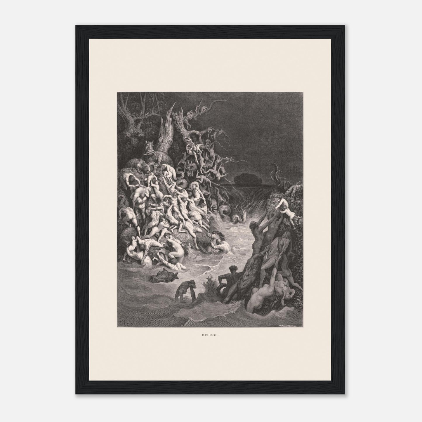 Le Déluge universel, planche gravée de Gustave Doré (21x29,7 cm (A4) / Cadre noir). Gravure de Gustave Doré illustrant le déluge biblique, avec une multitude de figures humaines se noyant dans des eaux tumultueuses et un paysage sombre.