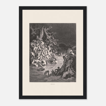 Le Déluge universel, planche gravée de Gustave Doré (21x29,7 cm (A4) / Cadre noir). Gravure de Gustave Doré illustrant le déluge biblique, avec une multitude de figures humaines se noyant dans des eaux tumultueuses et un paysage sombre.