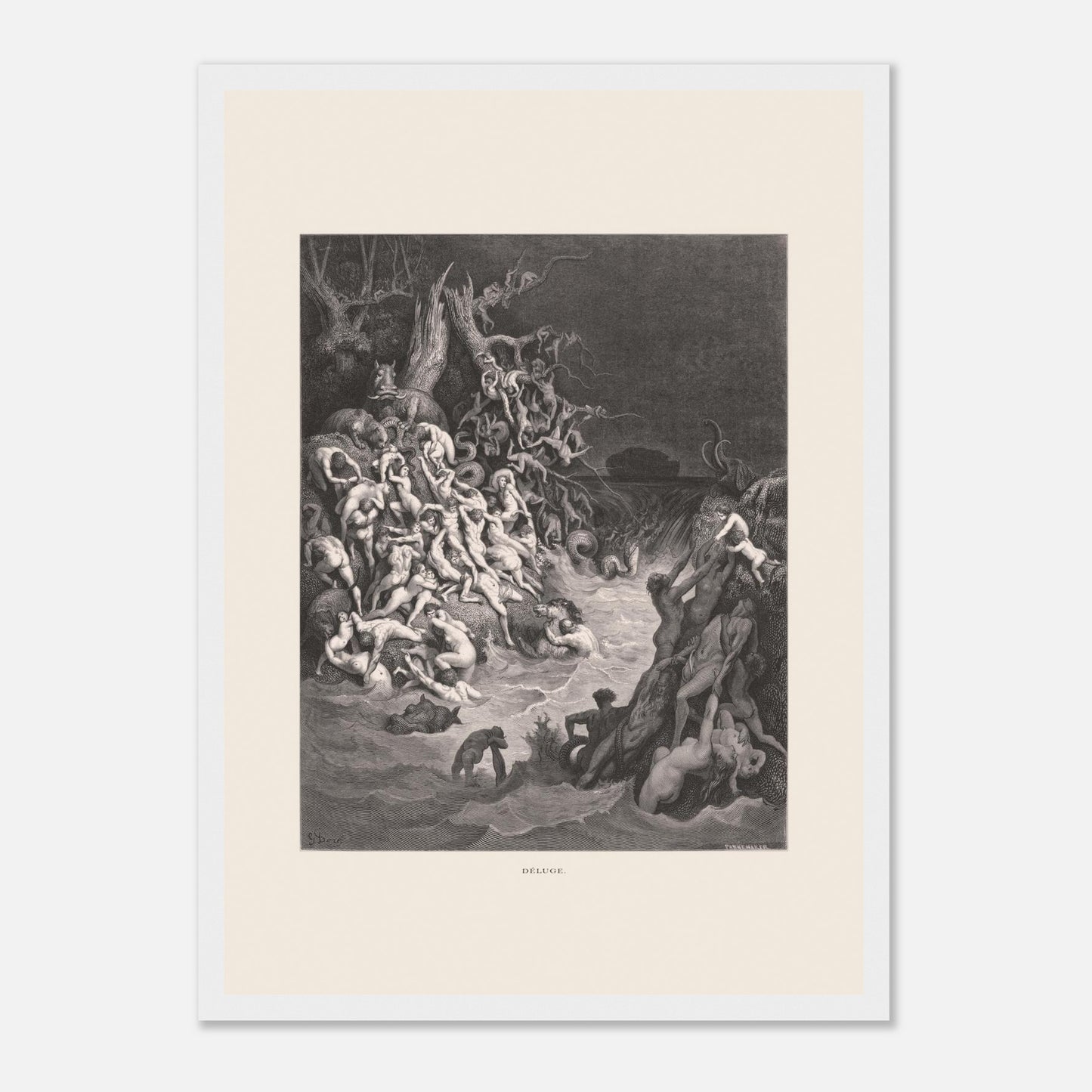 Le Déluge universel, planche gravée de Gustave Doré (29,7x42 cm (A3) / Cadre blanc). Gravure de Gustave Doré illustrant le déluge biblique, avec une multitude de figures humaines se noyant dans des eaux tumultueuses et un paysage sombre.