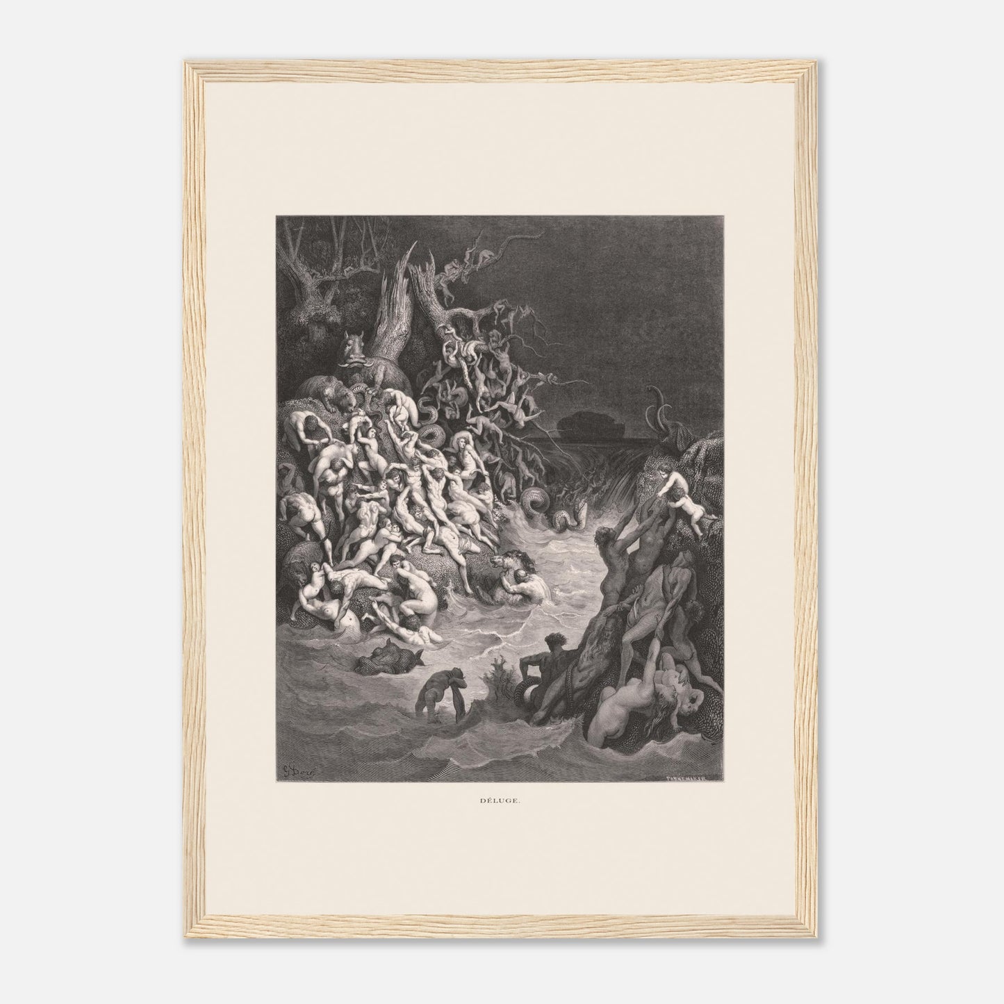 Le Déluge universel, planche gravée de Gustave Doré (29,7x42 cm (A3) / Cadre bois clair). Gravure de Gustave Doré illustrant le déluge biblique, avec une multitude de figures humaines se noyant dans des eaux tumultueuses et un paysage sombre.