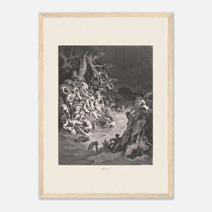 Le Déluge universel, planche gravée de Gustave Doré (29,7x42 cm (A3) / Cadre bois clair). Gravure de Gustave Doré illustrant le déluge biblique, avec une multitude de figures humaines se noyant dans des eaux tumultueuses et un paysage sombre.