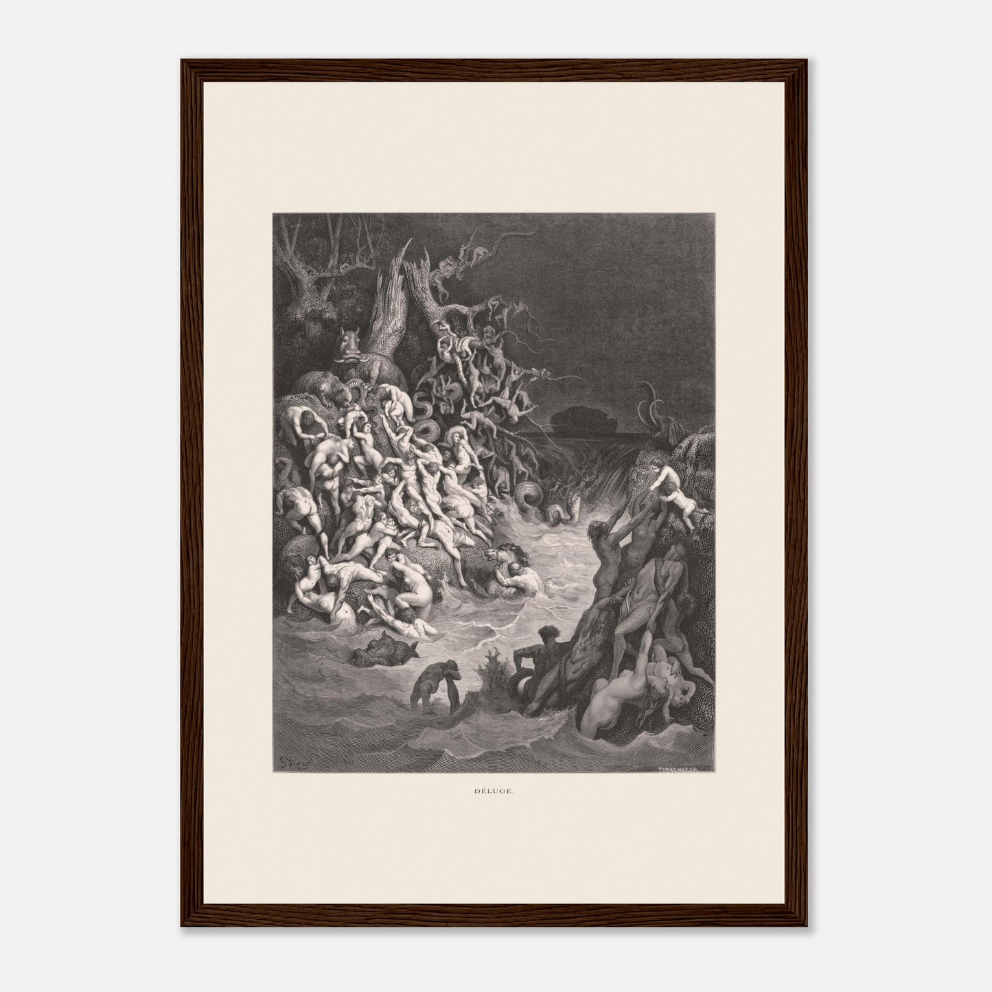 Le Déluge universel, planche gravée de Gustave Doré (29,7x42 cm (A3) / Cadre bois foncé). Gravure de Gustave Doré illustrant le déluge biblique, avec une multitude de figures humaines se noyant dans des eaux tumultueuses et un paysage sombre.