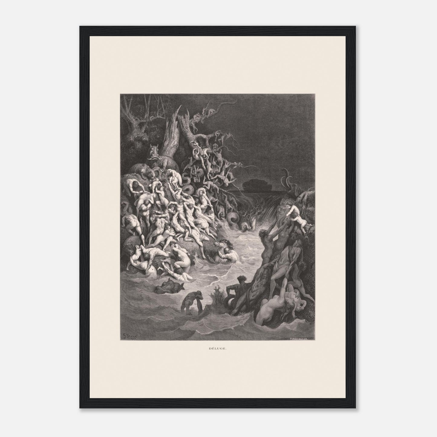 Le Déluge universel, planche gravée de Gustave Doré (29,7x42 cm (A3) / Cadre noir). Gravure de Gustave Doré illustrant le déluge biblique, avec une multitude de figures humaines se noyant dans des eaux tumultueuses et un paysage sombre.