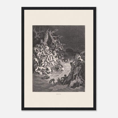 Le Déluge universel, planche gravée de Gustave Doré (29,7x42 cm (A3) / Cadre noir). Gravure de Gustave Doré illustrant le déluge biblique, avec une multitude de figures humaines se noyant dans des eaux tumultueuses et un paysage sombre.
