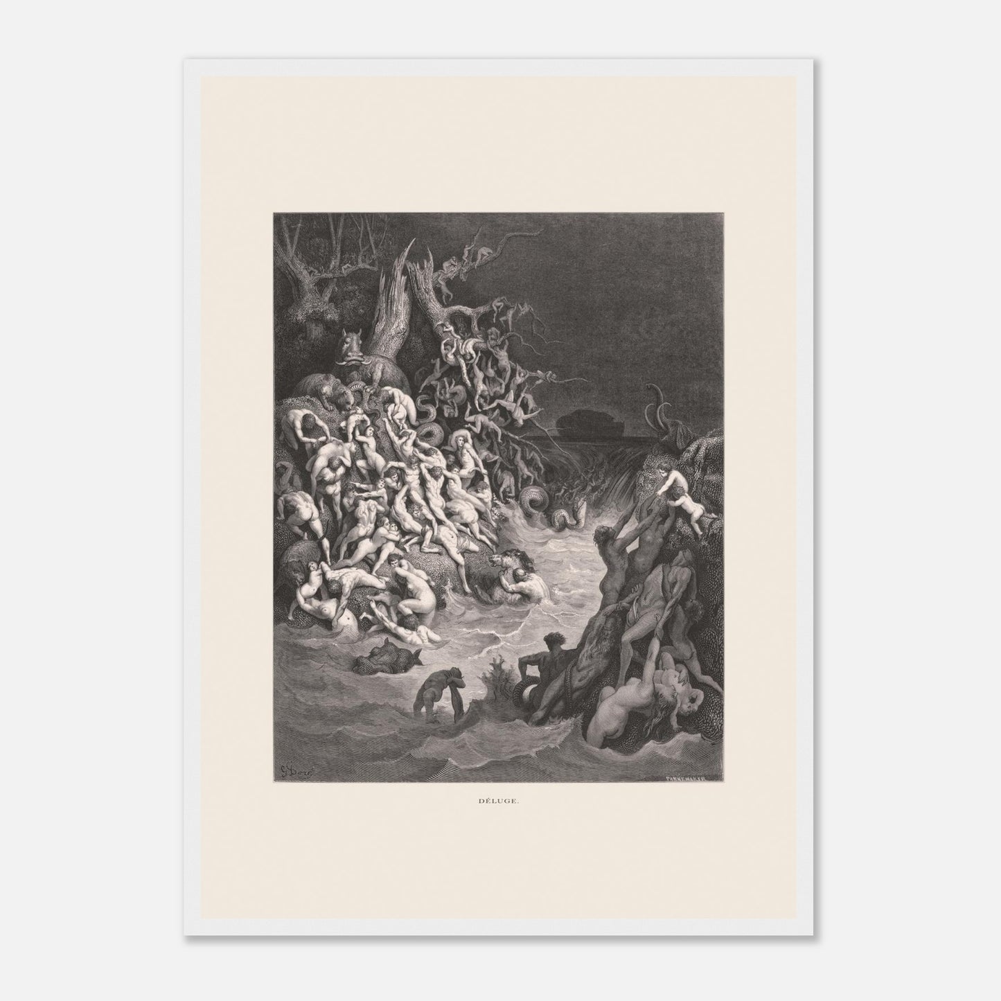 Le Déluge universel, planche gravée de Gustave Doré (42x59,4 cm (A2) / Cadre blanc). Gravure de Gustave Doré illustrant le déluge biblique, avec une multitude de figures humaines se noyant dans des eaux tumultueuses et un paysage sombre.