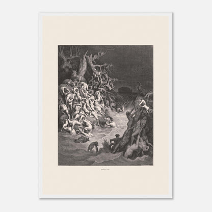 Le Déluge universel, planche gravée de Gustave Doré (42x59,4 cm (A2) / Cadre blanc). Gravure de Gustave Doré illustrant le déluge biblique, avec une multitude de figures humaines se noyant dans des eaux tumultueuses et un paysage sombre.