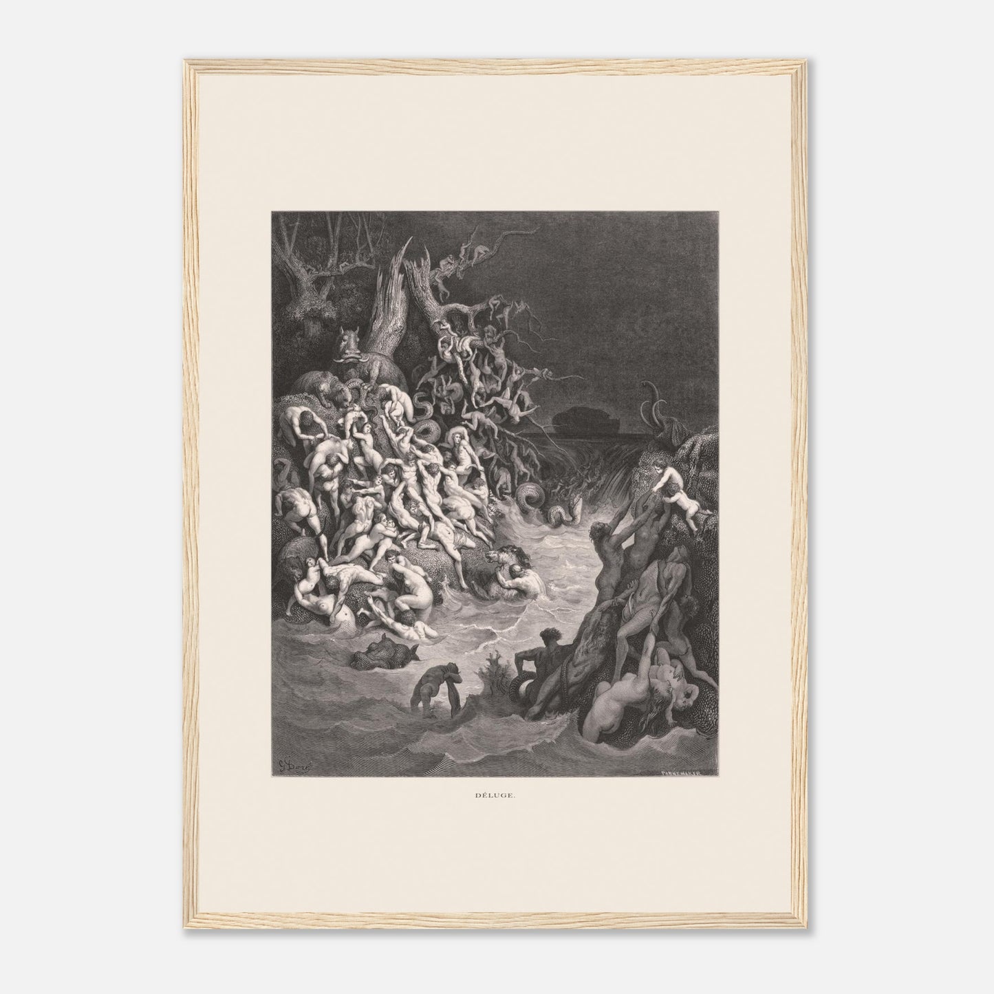 Le Déluge universel, planche gravée de Gustave Doré (42x59,4 cm (A2) / Cadre bois clair). Gravure de Gustave Doré illustrant le déluge biblique, avec une multitude de figures humaines se noyant dans des eaux tumultueuses et un paysage sombre.